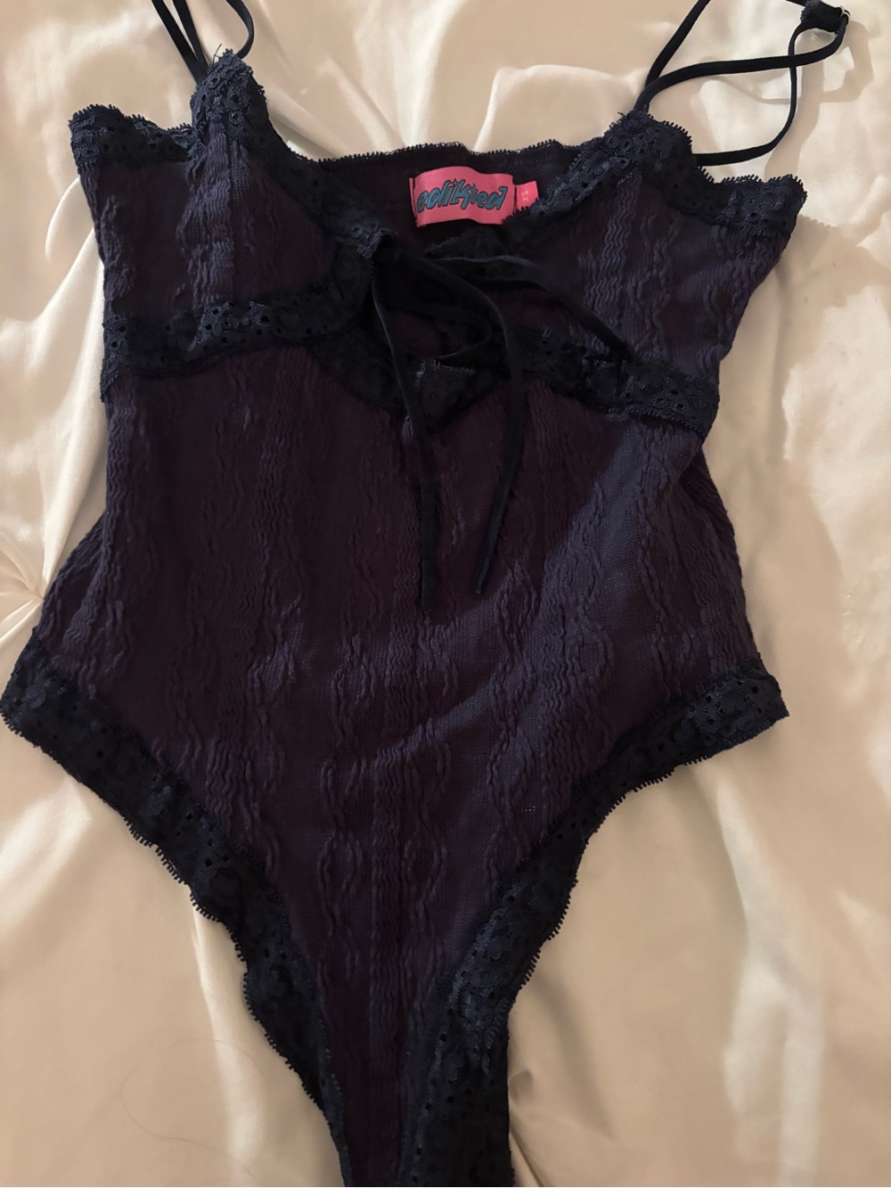 Edikted Navy Blue Lace-Trim Bodysuit